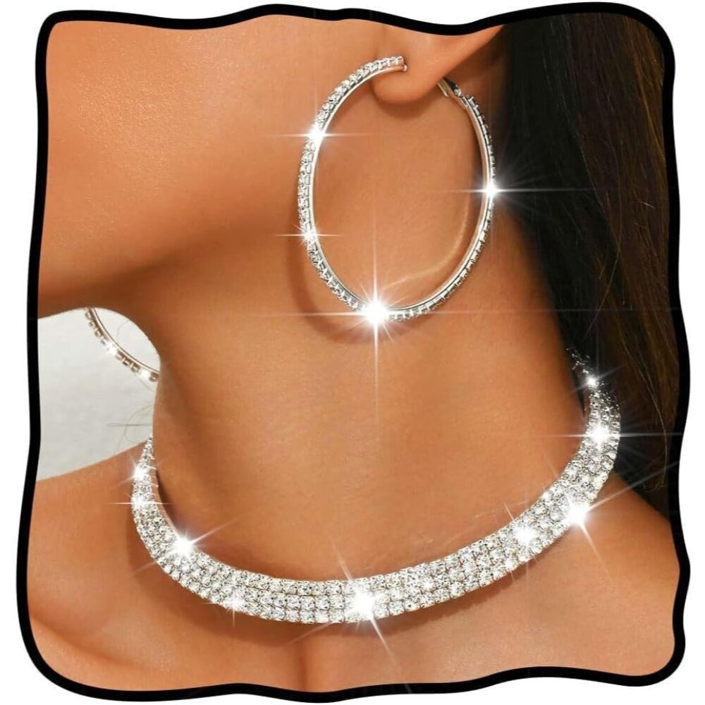 Rhinestone Jewelry Set Silver Necklace Hoop Earrings Elegant Formal Casual